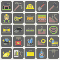 Icon set of mining. Gold mining elements. Icon in embossed style.