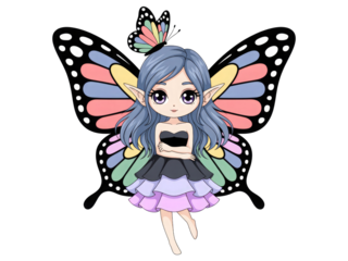 Cute anime fairy with butterfly wings isolated on transparent background
