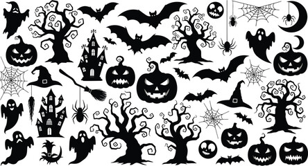 Big set of halloween silhouettes black icon and character. Design of witch, creepy and spooky elements for halloween decorations, sketch, icon, sticker. 