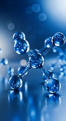 abstract blue background with molecule, Detailed model of atom showing electrons neutrons and protons. Atom model with electrons orbiting nucleus. Science model of atomic structure with particles.