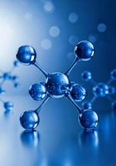 abstract blue background with molecule, Detailed model of atom showing electrons neutrons and protons. Atom model with electrons orbiting nucleus. Science model of atomic structure with particles.