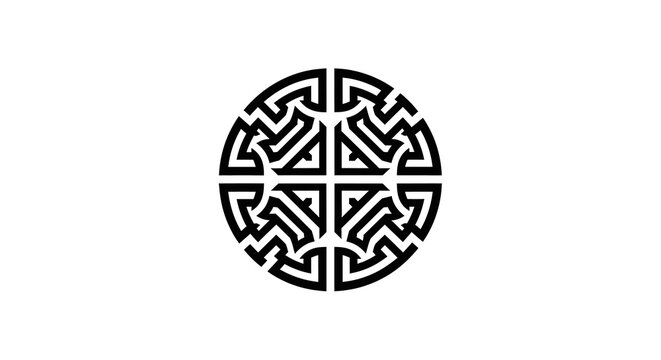 Intricate black circular geometric knotwork pattern on a white background, resembling a stylized maze or traditional cultural motif.