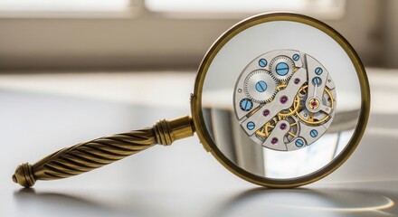 Magnifying glass examining intricate antique watch mechanism with gears and springs