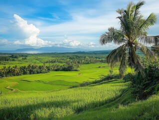 Lush rice terraces under a vibrant sky