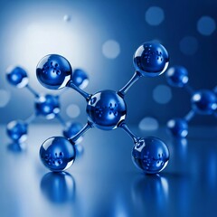 abstract blue background with molecule, Detailed model of atom showing electrons neutrons and protons. Atom model with electrons orbiting nucleus. Science model of atomic structure with particles.