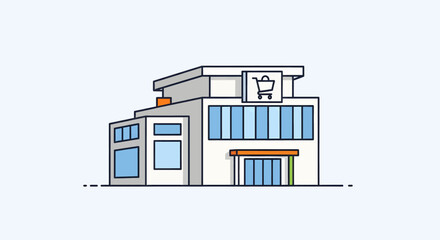 Illustration of a modern commercial building with a shopping cart symbol on the sign.
