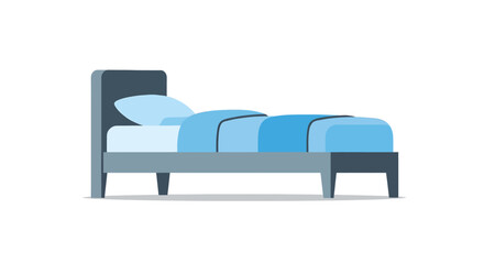 A modern single bed with a blue pillow and comforter isolated on a white background.