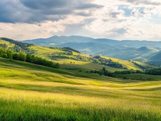 Lush, rolling hills, and distant mountains