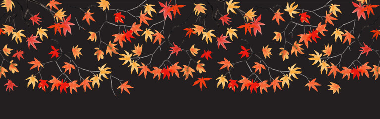 Seamless border pattern on a black background. Vector Maple tree branch with autumn leaves