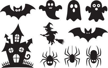 Big set of halloween silhouettes black icon and character. Design of witch, creepy and spooky elements for halloween decorations, sketch, icon, sticker. 