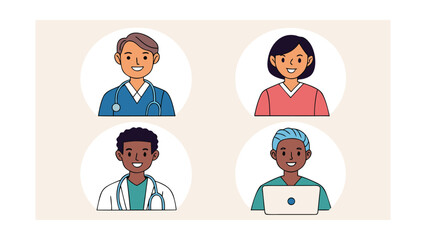 Fototapeta premium Four Diverse Cartoon Medical Professionals with Laptops and Stethoscopes illustration