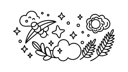 Obraz premium Hand Drawn Celestial and Nature Elements with Bird on White Background flying bird