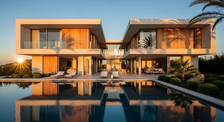Fototapeta premium Serene sunset at luxurious modern villa with poolside ambiance and landscape