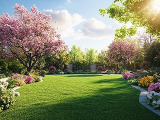 Lush spring garden with vibrant flowers and trees
