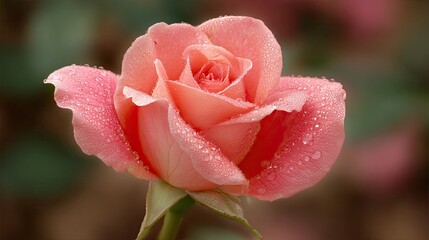 Delicate peach rose blossom is covered in tiny morning dew drops