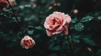 Delicate pink rose bloom glistens with fresh water droplets against dark foliage