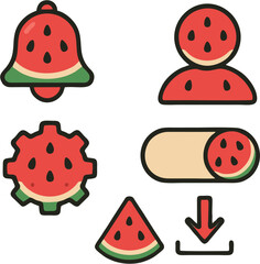 Cute red and green fruit watermelon cartoon vector set with ladybug and seamless pattern design illustration icons