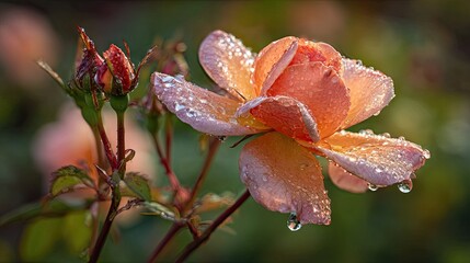 Delicate peach colored bloom displays numerous glistening water droplets against a soft backdrop