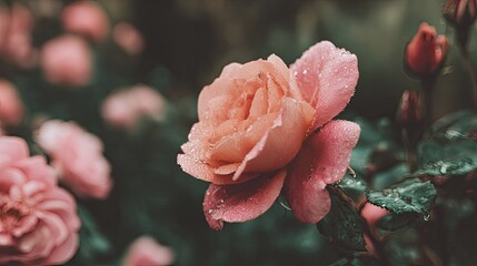 Close up of a delicate peach colored blossom covered in tiny water droplets