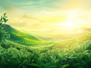 Lush tea plantation at sunrise