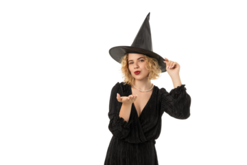 Young woman in witch hat, celebrating Halloween, isolated, PNG
