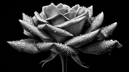 Detailed monochrome close up captures a fully bloomed rose covered in tiny glistening droplets