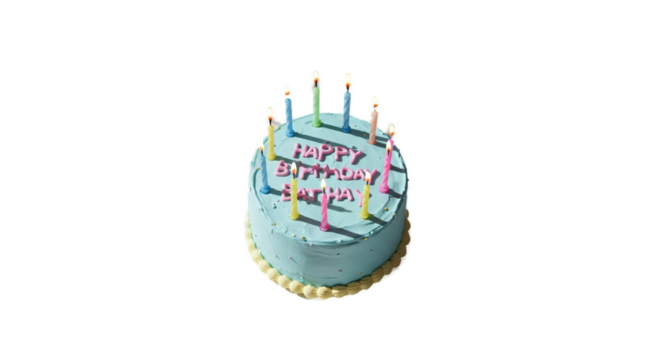 Light Blue Birthday Cake With Candles Sparkle And Happy Birthday Text