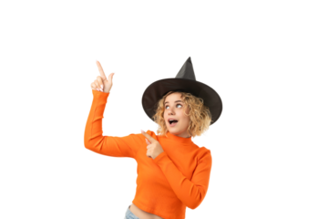 Young woman celebrates Halloween in a witch hat, isolated, PNG