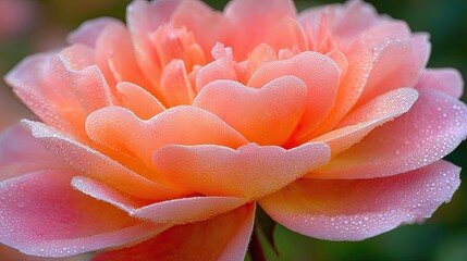 Delicate peach and pink flower petals are adorned with tiny morning dew drops