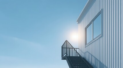 Fototapeta premium prefab minimalist home Modern building with striped exterior and staircase under a clear blue sky.