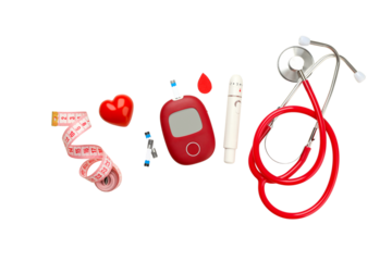 Diabetes health tools: glucose meter, stethoscope, isolated, PNG