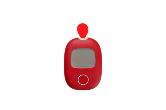 Red glucose meter with a bright red test strip, isolated, PNG