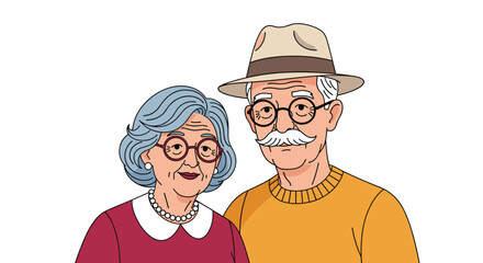 Smiling Senior Couple Posing Together  in  Studio: Elderly Man with Hat & Woman with Pearl Necklace Representing Retired Baby Boomers Enjoying Active Lifestyle,  Vintage Illustration for Family Health