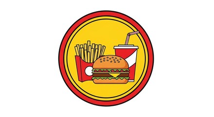 Delicious burger, crispy fries, and refreshing soda combo presented in a vibrant circular emblem perfect for fast food branding and advertising