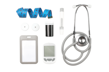 Diabetes monitoring and analysis tools collection, isolated, PNG