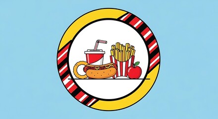 Appealing cartoon of a balanced meal featuring a hot dog, fries, soda, onion ring, and an apple, perfect for healthy eating campaigns or menu design