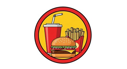 Classic burger, crispy fries, and refreshing soda combo emblem representing fast food enjoyment and quick meal satisfaction, perfect for menus or branding