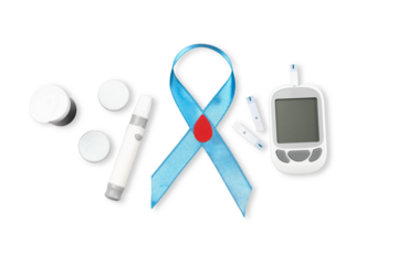 Blue awareness ribbon with diabetic testing equipment, isolated, PNG