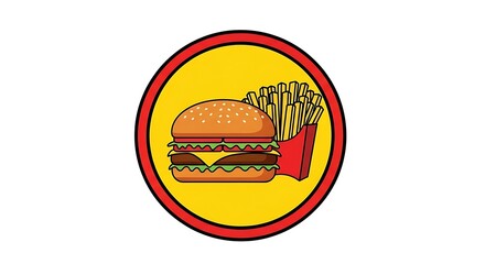 Delicious double cheeseburger with crispy golden fries presented in a vibrant yellow and red circular emblem, perfect for fast food branding and cafe menus