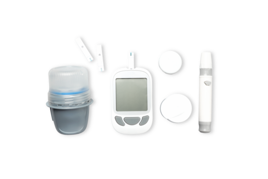 Glucose meter, strips, and insulin pen on white, isolated, PNG