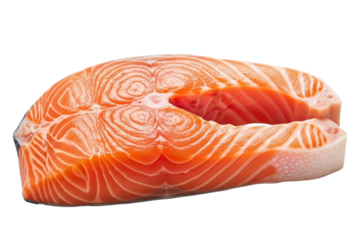 Fresh salmon steak cut with vibrant orange flesh and white fat lines