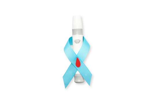 Turquoise ribbon with red drop on glucose meter, isolated, PNG - Powered by Adobe