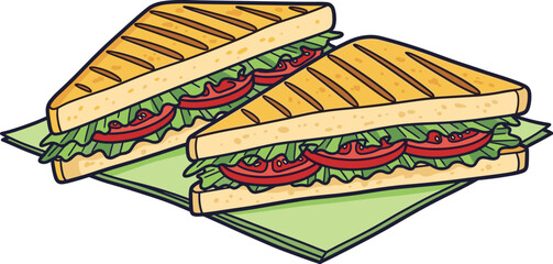 Two Grilled Sandwiches Served on Napkin Ready to Eat at Lunch: Delicious toasted sandwiches with fresh lettuce, tomatoes, on green napkin background for healthy eating concept, ideal food illustration