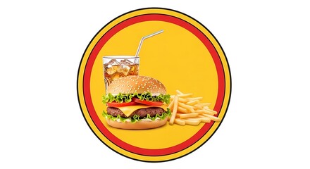 Indulge in a classic beef burger with fresh lettuce, juicy tomatoes, melted cheese, crispy fries, and a refreshing cola, perfect for fast food promotions and restaurant menus.