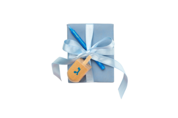 Blue-ribboned gift box with colorful dreidel, isolated, PNG