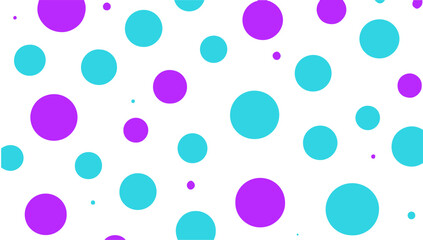 A playful, abstract design featuring scattered polka dots in bright purple and cyan of varying sizes against a crisp white background.