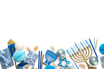 Festive Hanukkah decorations in blue and gold colors, isolated, PNG