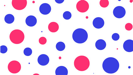 A vibrant, abstract pattern of scattered polka dots in bold pink and blue of varying sizes against a clean white background.