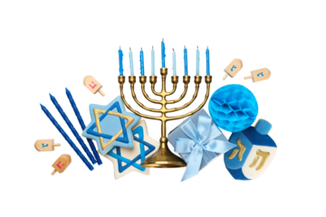 Bright Hanukkah decor: menorah and dreidels, isolated, PNG