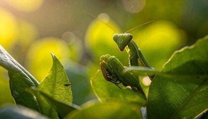 A praying mantis resting amongst verdant leaves and sunlight